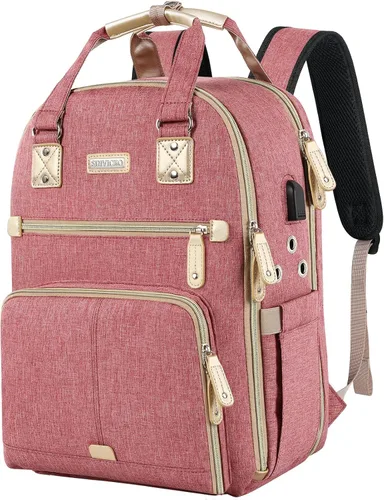 SINVICKO Bolsa de ganchillo, mochila de tejido y organizador de bolsas con puerto de carga USB, bolsa grande de almacenamiento de hilo Rosa