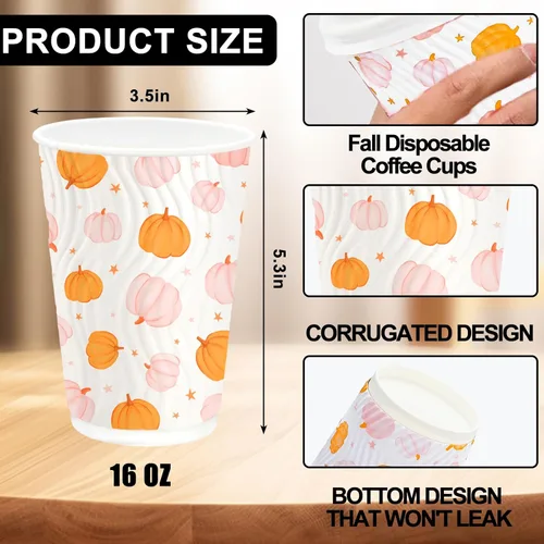 Miniatura 2 de JarThenaAMCS 100 tazas de café desechables de otoño con tapas, taza de papel de calabaza rosa naranja de 16 onzas, taza de papel de calabaza
