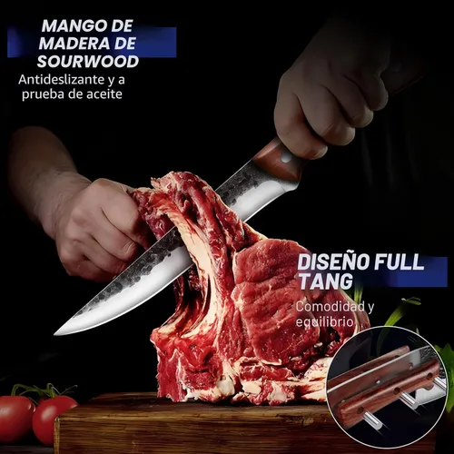 Miniatura 7 de Topfeel Juego de 8 cuchillos de chef para carnicero y pescado, con bolsa enrollable, juego de cuchillos forjados a mano para cortar carne