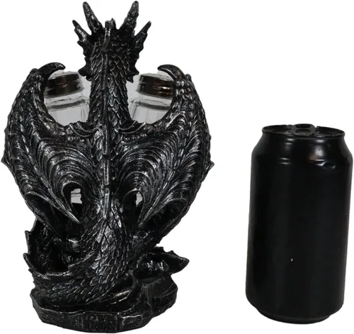 Miniatura 6 de Ebros Gift Juego de salero y pimentero gótico medieval, color negro, semimetálico, negro, estatua de 7.75 pulgadas de alto, figura de dragón