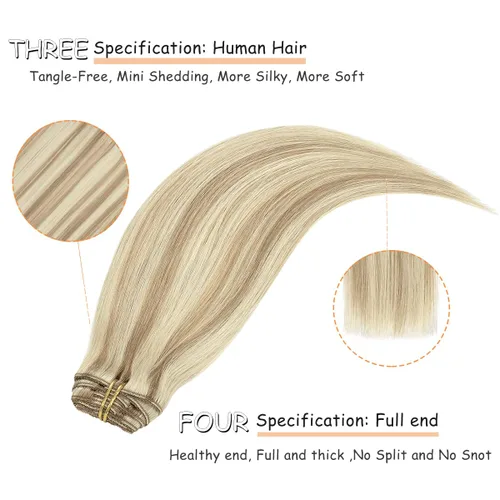 Miniatura 5 de Caliee Extensiones de cabello humano con clip, color marrón dorado #10 y rubio decolorado #613, cabello humano real, sedoso y lacio, con clip