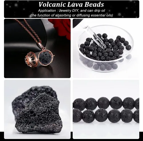 Miniatura 4 de PH PandaHall 600 cuentas redondas de lava negra de 0.236 pulgadas para difusor, fabricación de joyas, pulseras de yoga Negro