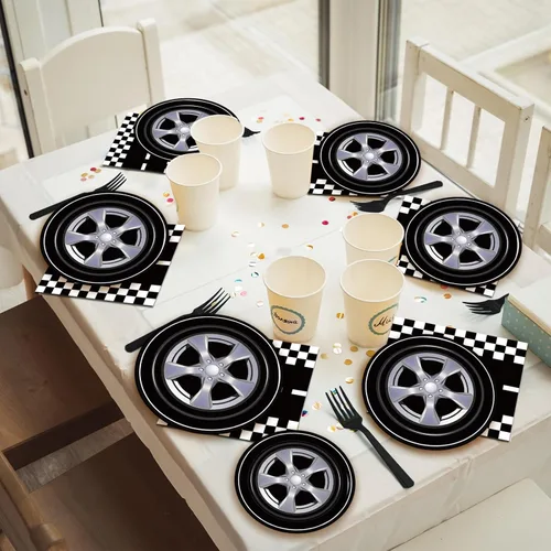 Miniatura 5 de Kepeel Juego de 96 platos y servilletas para fiesta de autos de carreras, suministros de fiesta, decoración de deportes de carreras para niños