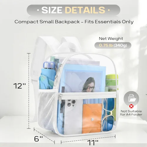 Miniatura 2 de Mochila transparente Oraben para eventos de estadio, mochila transparente para estadio 12x6x12, Blanco, Pequeño