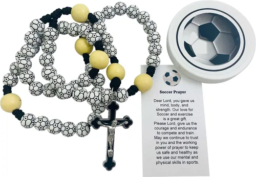 Miniatura 5 de Westmon Works Juego de cuentas de bola deportiva con rosario de fútbol con estuche protector y tarjeta de oración, collar católico con crucifijo
