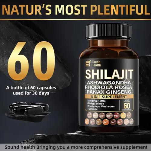 Miniatura 2 de SoundHealth Cápsulas puras de Shilajit 60 unidades Fórmula 8 en 1 Extracto concentrado 25:1 (equivalente a 10,000 mg) Paquete de botella