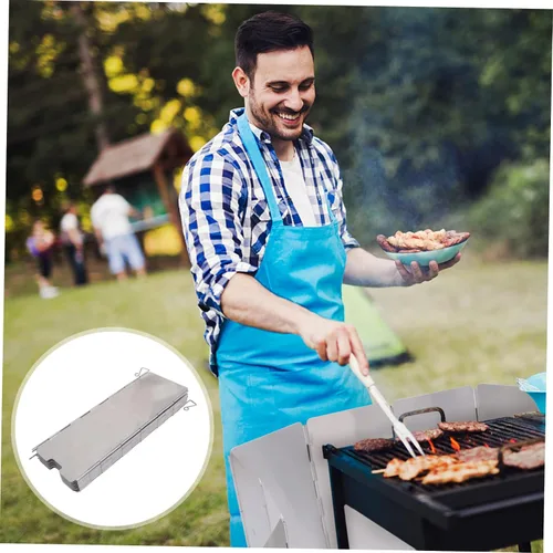 Miniatura 5 de GANAZONO 1pc Barbacoa Parabrisas Protector Protector de salpicaduras al aire libre Parabrisas al aire libre Aleación de aluminio plateado Utensilios
