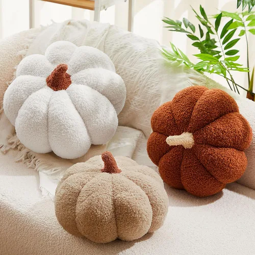 Miniatura 10 de Juexica 3 piezas de almohada de calabaza de felpa esponjosa con forma de calabaza 3D, decoración de otoño, Acción de Gracias, Halloween, cojín