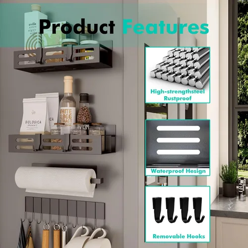 Miniatura 4 de SETBAOO Paquete de 4 estantes magnéticos para especias para refrigerador con estante de 4 ganchos y soporte para toallas de papel, estante magnético