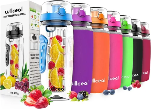 Miniatura 15 de Botella de agua con infusor de frutas de 32 onzas, duradera, grande, sin BPA, Tritan con tapa abatible, diseño a prueba de fugas, deportes, camping