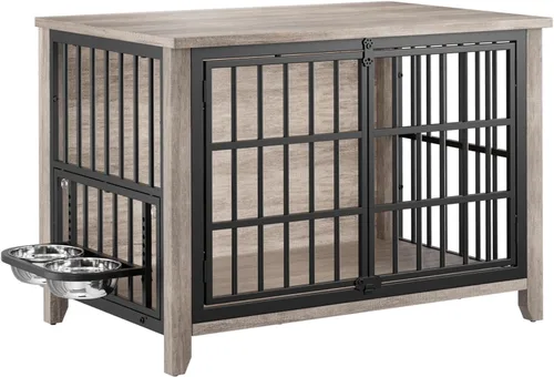 Miniatura 10 de Lulive Mueble de jaula para perros, jaula de madera para perros de interior con cuencos ajustables de 360° y altura, muebles de doble puerta