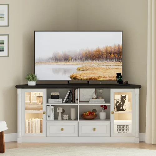 Soporte esquinero de TV de granja para TV de 55 y 65 pulgadas, moderno centro de entretenimiento esquinero con toma de corriente, luces LED