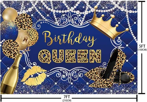Miniatura 5 de AIBIIN Telón de fondo de cumpleaños de 7 x 5 pies para mujer, niña, leopardo, azul rey y oro, corona de globos, champán, fondo de fotografía