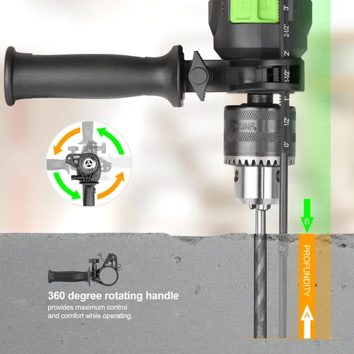 Miniatura 6 de GALAX PRO Taladro de martillo con cable de 4.5 amperios 0-3000 RPM, 5 brocas, martillo y taladro, 2 funciones en 1 con 12 velocidades variables