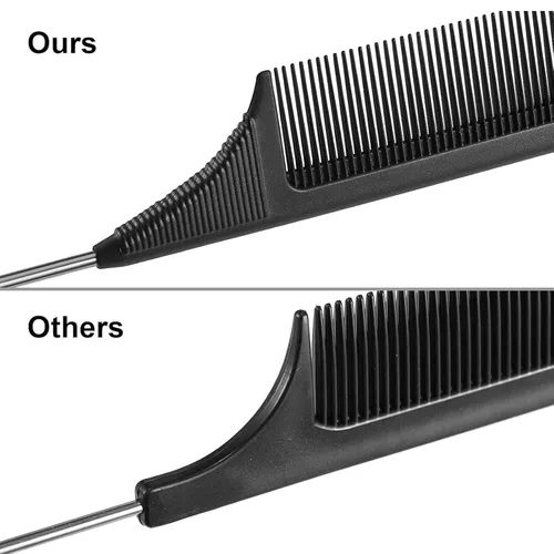 Miniatura 6 de Paquete de 3 peines de cola de rata, resistente al calor, peine de dientes finos de fibra de carbono para separación y burlas del cabello de cola