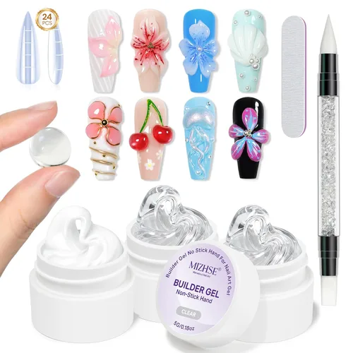 Miniatura 13 de MIZHSE 2PCS 3D Gel Nail Art Clear Sculpting Gel, 5 in 1 Clear Non-Sticky Sculpture Molding Solid Builder Gels for Nails with Chrome Nail Powder Kit
