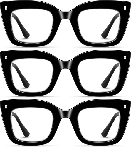 Hubeye Paquete de 3 lentes de lectura de estilo moderno, lentes de lectura de gran tamaño, bloqueo de luz azul, lentes de computadora con bisagra de