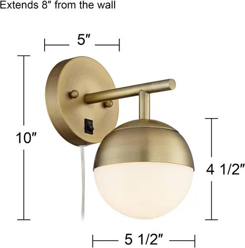 Miniatura 5 de 360 Lighting Luna - Lámpara de pared moderna de mediados de siglo para interiores, lámpara enchufable de latón antiguo, pantalla de globo de vidrio