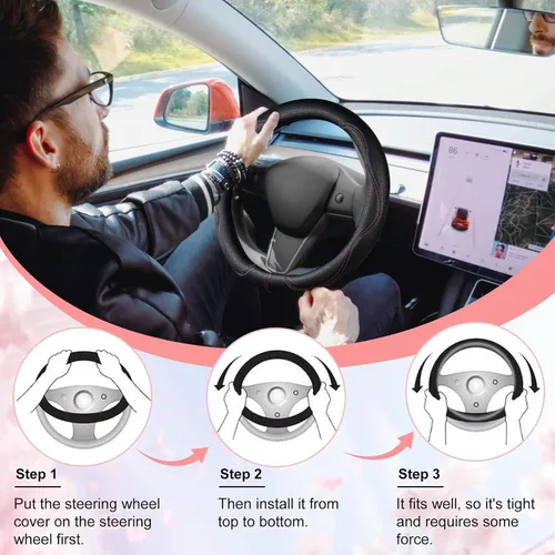 Miniatura 7 de Funda negra para volante de automóvil, antideslizante, transpirable, cómoda, de cuero PU, lindo protector universal, accesorios interiores de Rosa