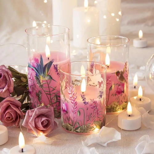 Miniatura 4 de Eywamage Velas de cristal sin llama de colibrí rosa con control remoto, velas LED parpadeantes de pilar de batería, juego de 3, decoración