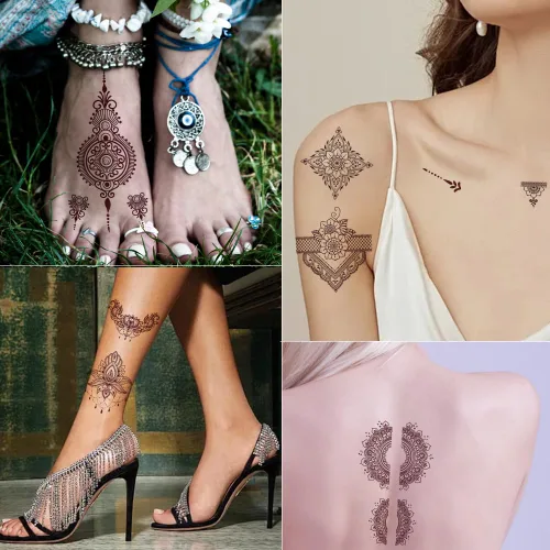 Miniatura 3 de 10 hojas de tatuajes de henna temporales, calcomanías de tatuaje marrón para mujeres, calcomanías de arte corporal para bodas y fiestas