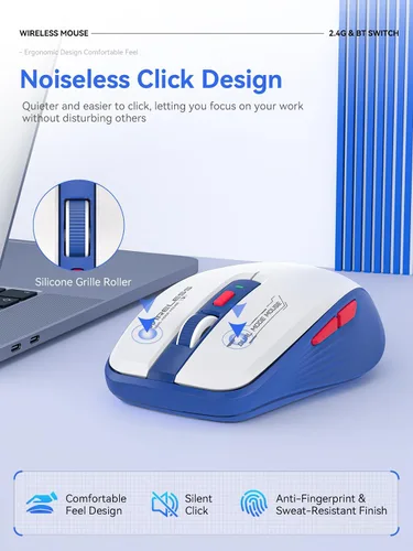 Miniatura 5 de Ratón inalámbrico azul blanco, Bluetooth de doble modo y 2.4G, botones laterales Receptores USB-A y USB-C Clic silencioso DPI de 4 niveles