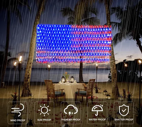 Miniatura 3 de Luces de bandera estadounidense, 420 luces LED de red de bandera de Estados Unidos, decoraciones del 4 de julio, decoración patriótica impermeable