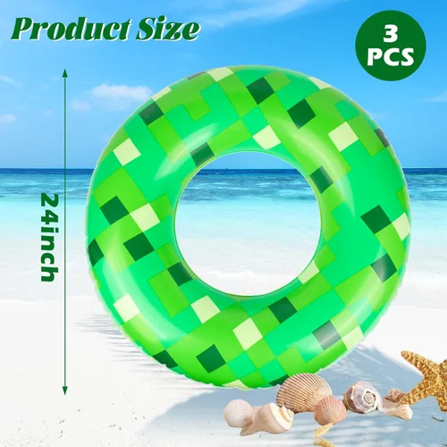 Miniatura 2 de 3 flotadores inflables para piscina con temática de píxeles verdes de 24 pulgadas, vibrantes flotadores de piscina para verano y tubos de piscina