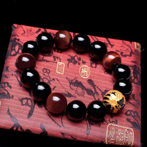 Miniatura 5 de Men's Tiger Eye Stone Elastic Bead Bracelet with Dragon Pattern Bead Dragon & Beaded Bracelet