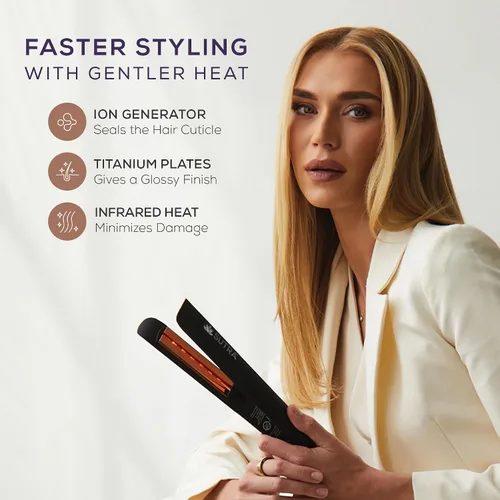 Miniatura 5 de Sutra Plancha plana profesional IR2 – Plancha de pelo infrarroja iónica con temperatura ajustable, apagado automático y cable giratorio – Plancha
