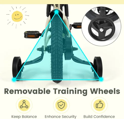 Miniatura 4 de BABY JOY Bicicleta para niños, bicicleta deportiva de 12 a 18 pulgadas con ruedas de entrenamiento extraíbles, asiento y manubrio ajustables, freno