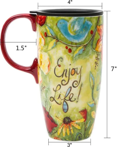 Miniatura 9 de CEDAR HOME Taza de Café de Cerámica de Porcelana con Tapa para Lata de Té 17oz. Disfruta de la Vida