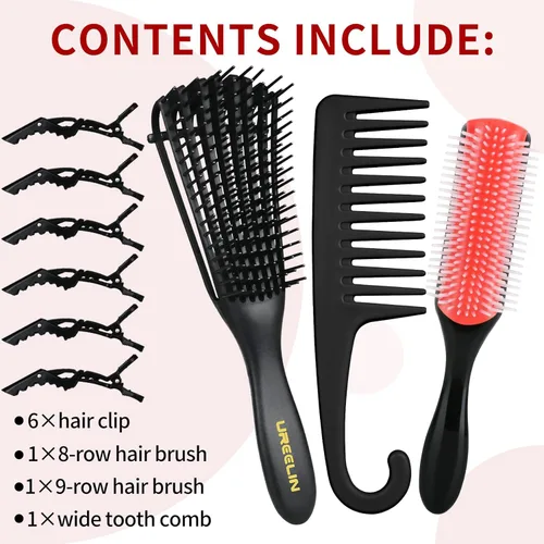 Miniatura 8 de UREELIN Juego de cepillos para el cabello rizado, desenredante para cabello afroamericano/africano texturizado 3a a 4c, cepillo desenredante