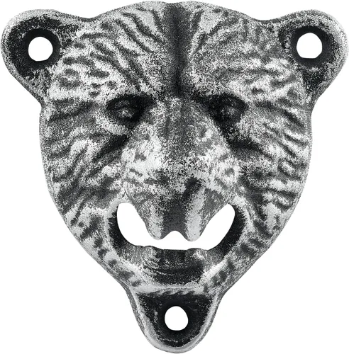 Miniatura 8 de Abridor de botellas de cerveza de hierro fundido con cabeza de oso negro, dientes grizzly montados en la pared para decoración de garaje de cueva
