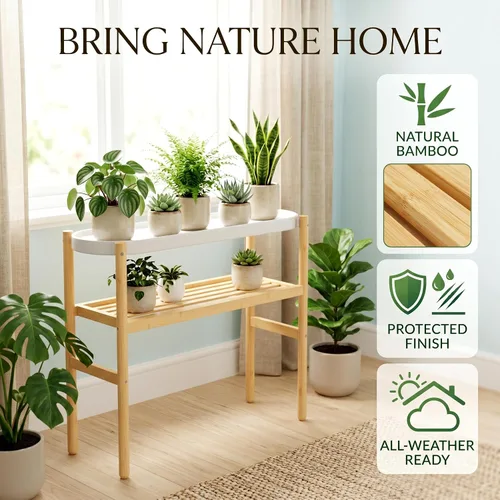Miniatura 4 de APRTAT Soporte de bambú para plantas de interior, soporte de almacenamiento de plantas de 2 niveles de altura para múltiples plantas, estante