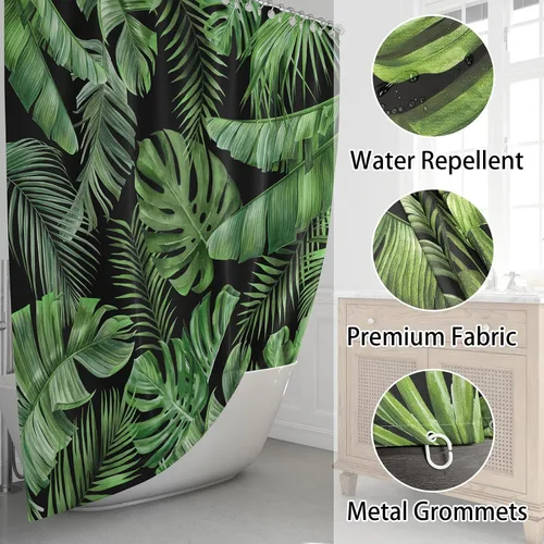 Miniatura 6 de Cortina de Ducha de Hojas Tropicales, Cortina de Baño Decorativa Verde y Negra con Hojas de Palmera y Plátano, Juegos de Cortinas de Ducha de Tela