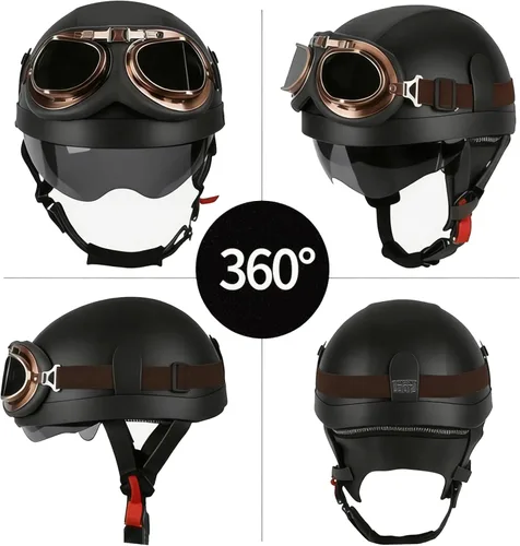 Miniatura 3 de Casco de motocicleta de estilo alemán, casco de cuero retro, aprobado por el DOT, para adultos, hombres y mujeres, casco de media cara vintage
