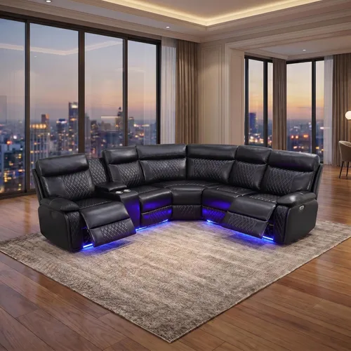 Miniatura 9 de Sofá modular reclinable eléctrico para sala de estar, moderno juego de sofá modular de cuero negro en forma de L, juego de sofá reclinable