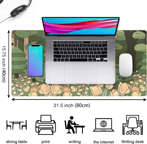 Miniatura 3 de Tapete de escritorio de bosque anime, lindo tapete de mouse verde, tapete de escritorio completo Kawaii estético XXL para juegos Mousemat XL