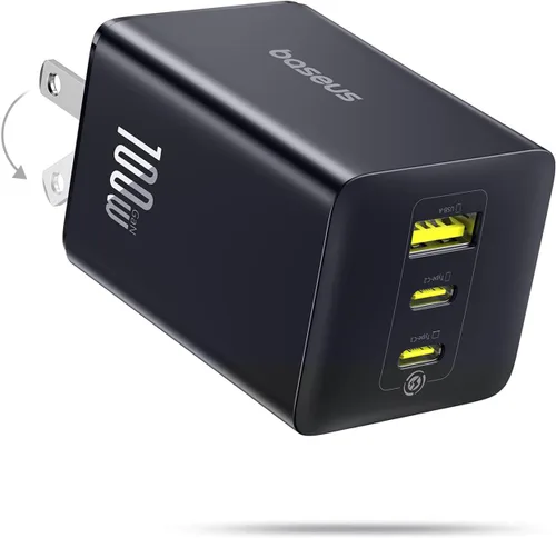 Baseus Bloque de cargador USB C de 100W, cargador de pared compacto plegable PPS de 3 puertos, adaptador de corriente de carga rápida para MacBook