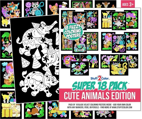 Paquete de 18 pósteres para colorear difusos (edición de animales lindos), kit de arte y manualidades para niños, niñas y niños, perfecto para niños