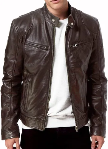 DECIMAL Chaqueta de motociclista de piel de cordero auténtica para hombre, color negro, vintage, color marrón real, para hombre, Marrón
