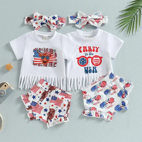 Miniatura 8 de 4 de Julio Bebé Niña Ropa de Verano Traje de Arco Iris Camiseta de Bebé Americano Conjunto de Pantalones Cortos