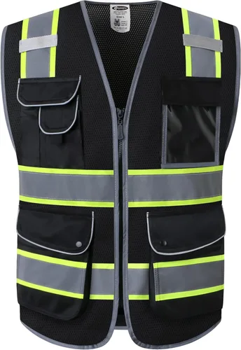 Miniatura 52 de JKSafety Chaleco de seguridad frontal con cremallera de alta visibilidad de 9 bolsillos de color dual MESH Lite Tira reflectante con ribete