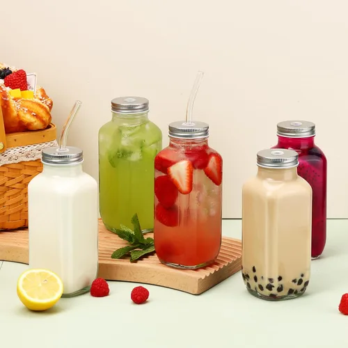 Miniatura 5 de CUCUMI 5 botellas de jugo de vidrio de 16 onzas con tapas, recipientes reutilizables para jugo, tarros de agua con cepillo, popotes de vidrio, tapas