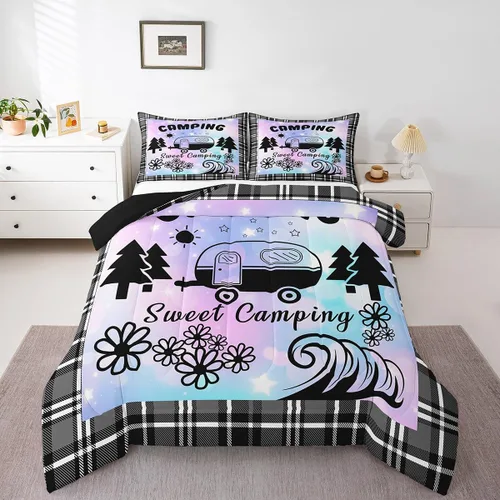 Miniatura 11 de Juego de ropa de cama de campamento para niños, tamaño individual, juego de edredón de gnomos kawaii para niños y niñas, edredón vintage de madera
