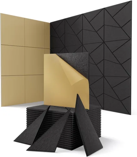 Paquete de 18 paneles acústicos absorbentes de sonido para pared de sala de juegos, línea de corte decorativo negro, despegar y pegar, reducción de