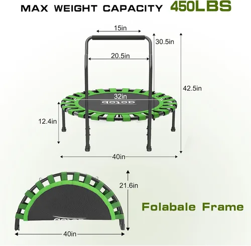 Miniatura 8 de AOTOB Trampolín de Fitness de 40/48" para Adultos, Carga Máxima 450 LBS, Mini Trampolín Plegable con Cuerdas Elásticas Duraderas, Pequeño Trampolín