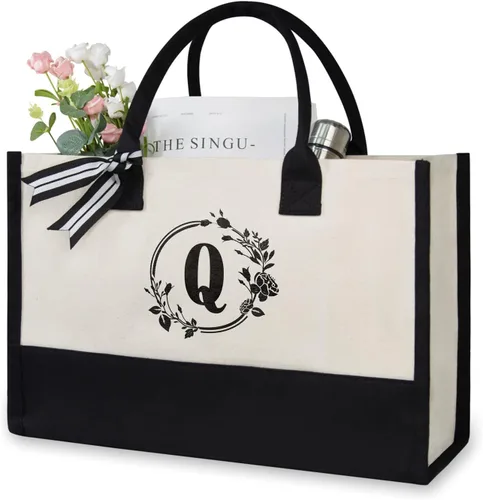 Miniatura 208 de TOPDesign - Bolso de playa de lona con inicial personalizada, bolsa de regalo con monograma, para mujer