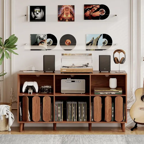 Miniatura 6 de Soporte grande para tocadiscos, mesa de tocadiscos, soporte de almacenamiento de discos de vinilo, organizador de armarios con toma de corriente